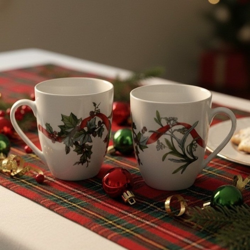 BrylaneHome Christmas Jolly Time Coffee Cups, Set of 2,‎ Holiday Ribbon Designs